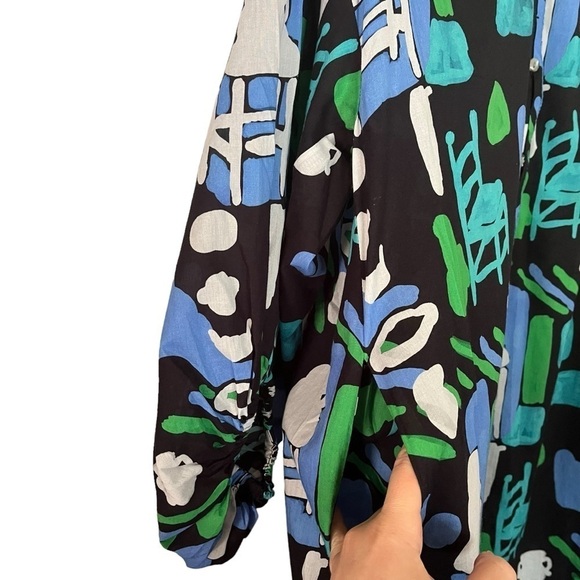 De Loreta Josefa maxi trapeze dress in Arcilla Azul print with balloon sleeves - Picture 8 of 14